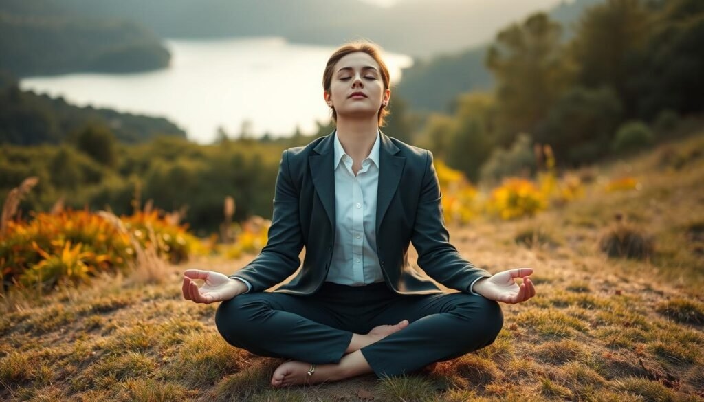 Serene landscape with a person sitting in a meditative pose on a grassy hill, surrounded by lush vegetation and a tranquil lake in the background. Soft, diffused natural lighting illuminates the scene, creating a calming atmosphere. The person's eyes are closed, their expression peaceful, as they practice mindful breathing techniques to maintain their recovery motivation. The overall composition conveys a sense of inner balance and resilience in the face of life's challenges.