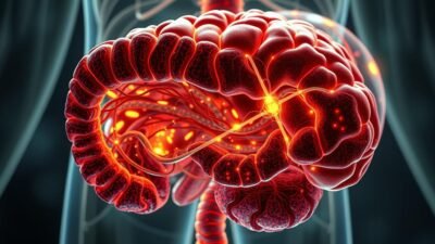 a highly detailed, scientifically accurate illustration of the connection between gut health and autism, depicted as a cross-section of the human digestive system and brain, illuminated by soft natural lighting and viewed from an angle that emphasizes the intricate relationship between the two. the foreground should show the intricate network of the gut microbiome, with vibrant colors and textures representing the diverse microbial communities. the middle ground should depict the neural pathways linking the gut to the brain, with subtle glowing connections. the background should feature a stylized representation of the brain, with key regions involved in autism highlighted. the overall mood should convey a sense of scientific wonder and discovery, with a clean, modern aesthetic.